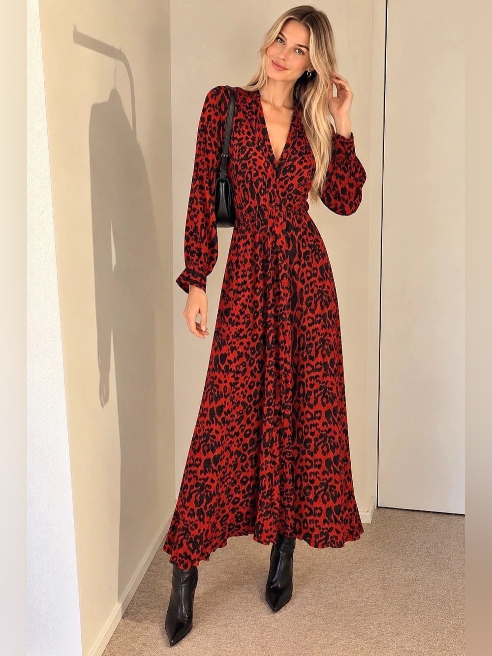 ZARA Z1975 Red & Black Leopard Print Long Sleeve Midi Dress XS